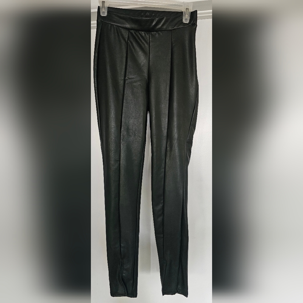 Black Faux Leather Pants with Ankle Slits.  Size Small